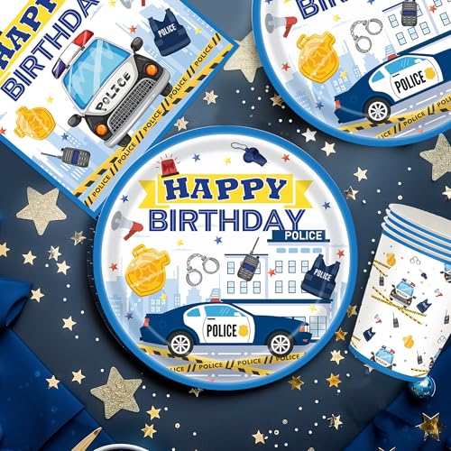 pekifaves Polizeiwagen Partygeschirr Set, Polizeiauto Pappteller Tassen Servietten, 16 Gäste Kindergeburtstag Deko Polizei Geburtstag Party Geschirr Party Geburtstag Deko Junge