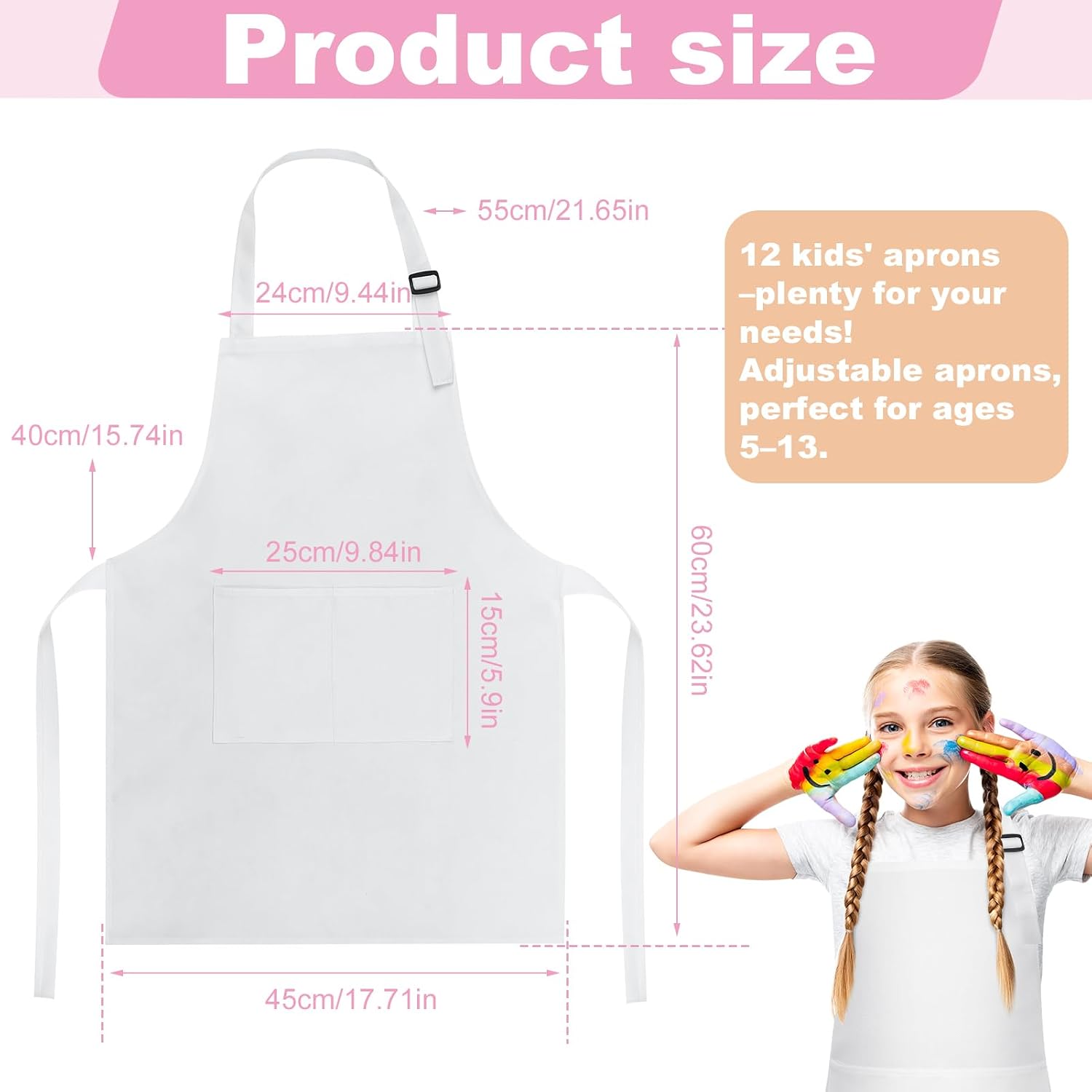12 Pack Kids Aprons Bulk, Adjustable Kids Chef Apron with 2 Pockets, Art Paint Aprons for Cooking, Baking, Grilling, Painting, Crafting