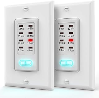 Fosmon 4 Hour Light Timer Switch, Programmable in-Wall Countdown Timer Switch for Lights, Fans, Bathroom, Heaters, 9 Setting 1875W, Neutral Wire Required, 5-10-30-60 Min, 2-4 Hour, 2PACK, ETL Listed