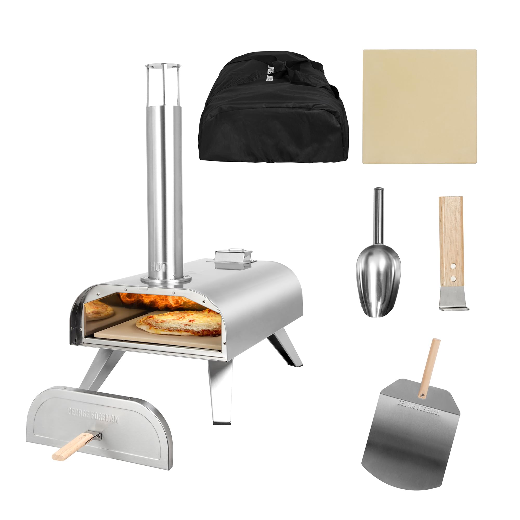 George Foreman 12'' Portable Dual Fuel Powered Pizza Oven in Stainless Steel with Carry Bag & Paddle, Wood Pellet or Gas BBQ Oven & Smoker GFDFPO2SSPC