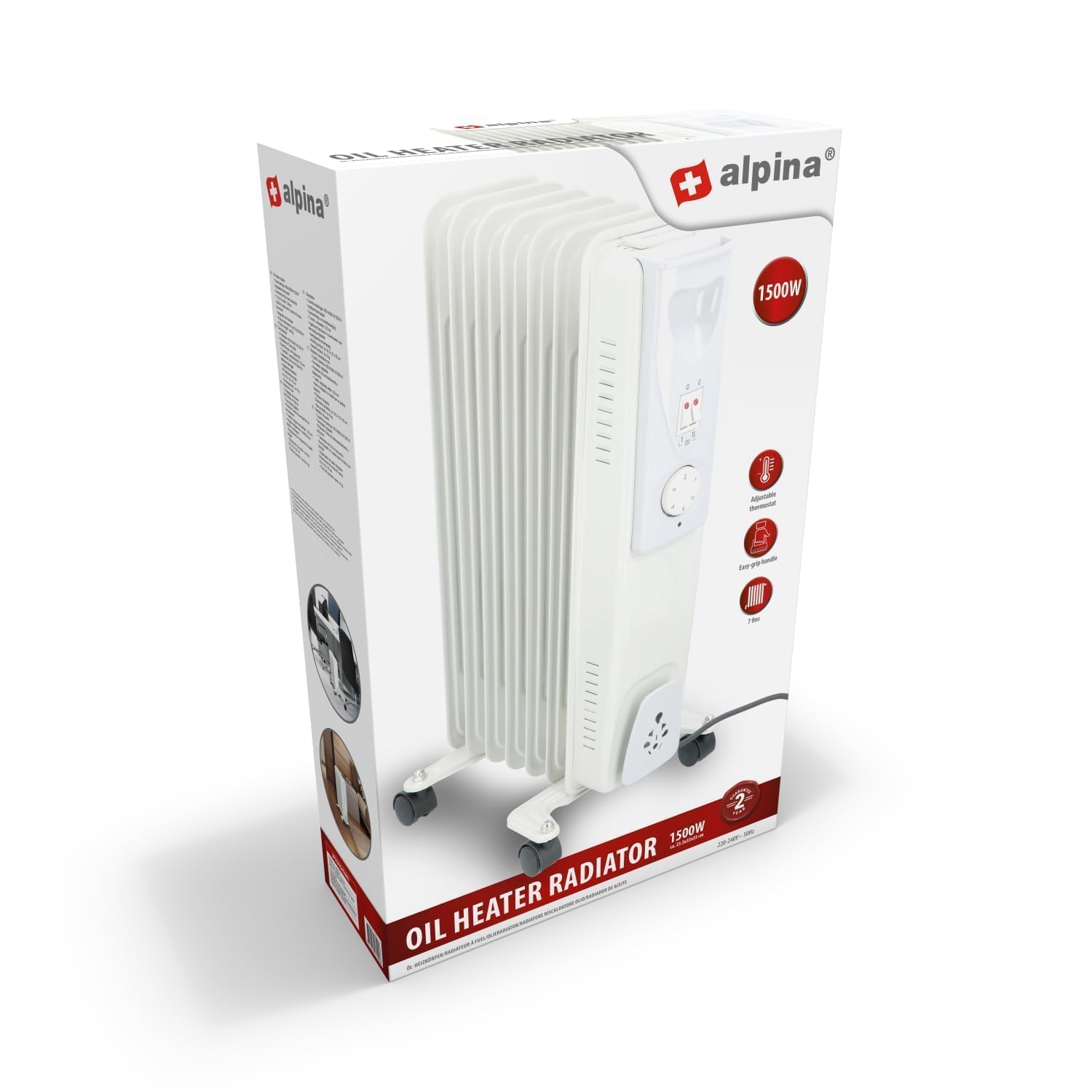 alpina Radiateur Bain d’Huile 1500W – Chauffage Bain d’Huile avec Thermostat – Radiateur Mobile avec roulettes et Protection Surchauffe – Blanc