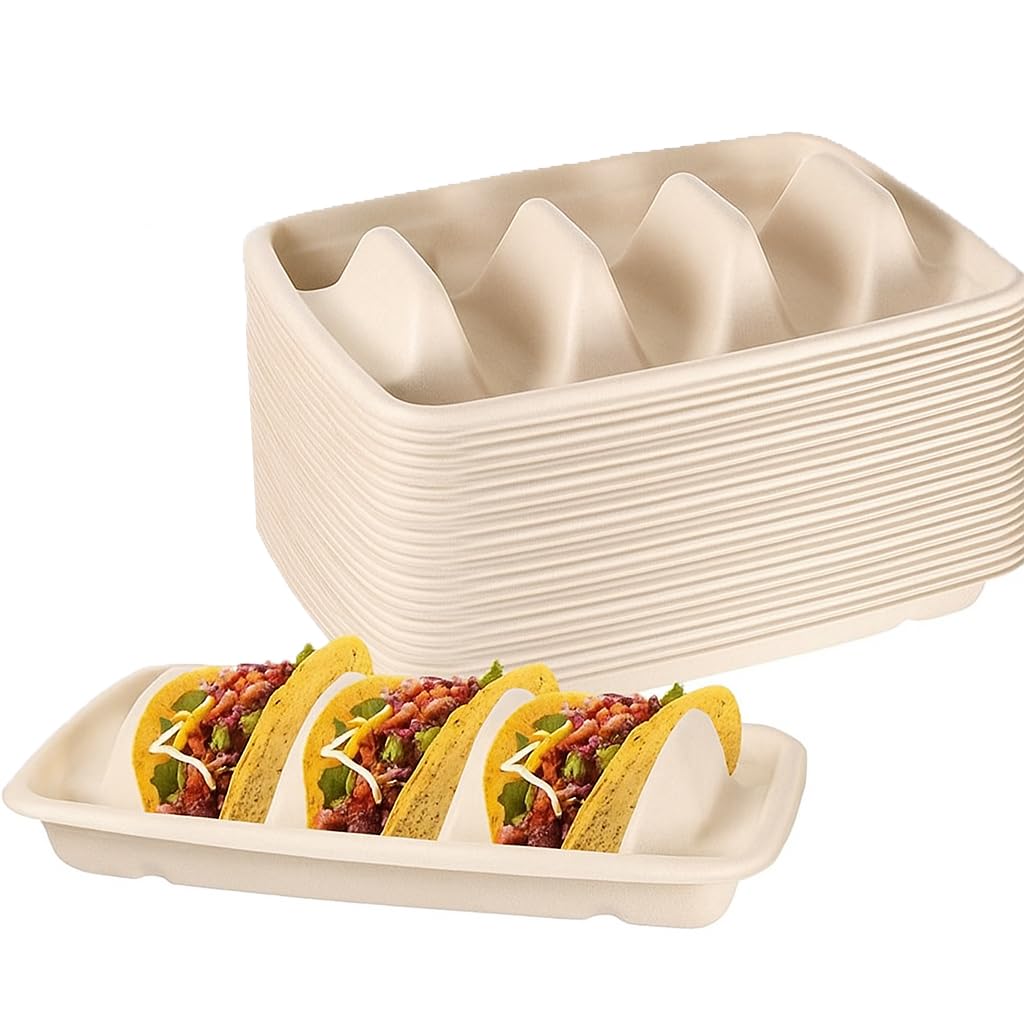Disposable Taco Holder for Party Taco Plates: 20 PCS Premium Paper Taco Plates with Dividers, Tray Stand for 3 Tacos, Standard Size Taco Holders Tray Stand Bar Serving Set Decorations Supplies