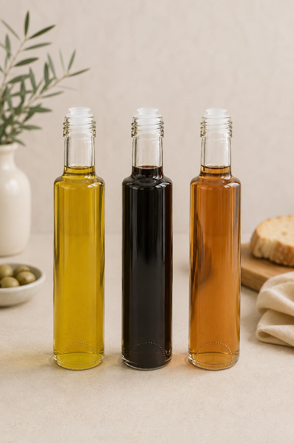 42 Stk. Glasflaschen Dorica 250ml inklusive schwarzem PP31.5 Kunststoffverschluss und Ausgießer – Ideal für Öle, Säfte und Essig – Robuste Flasche für lange Haltbarkeit und optimale Lagerung