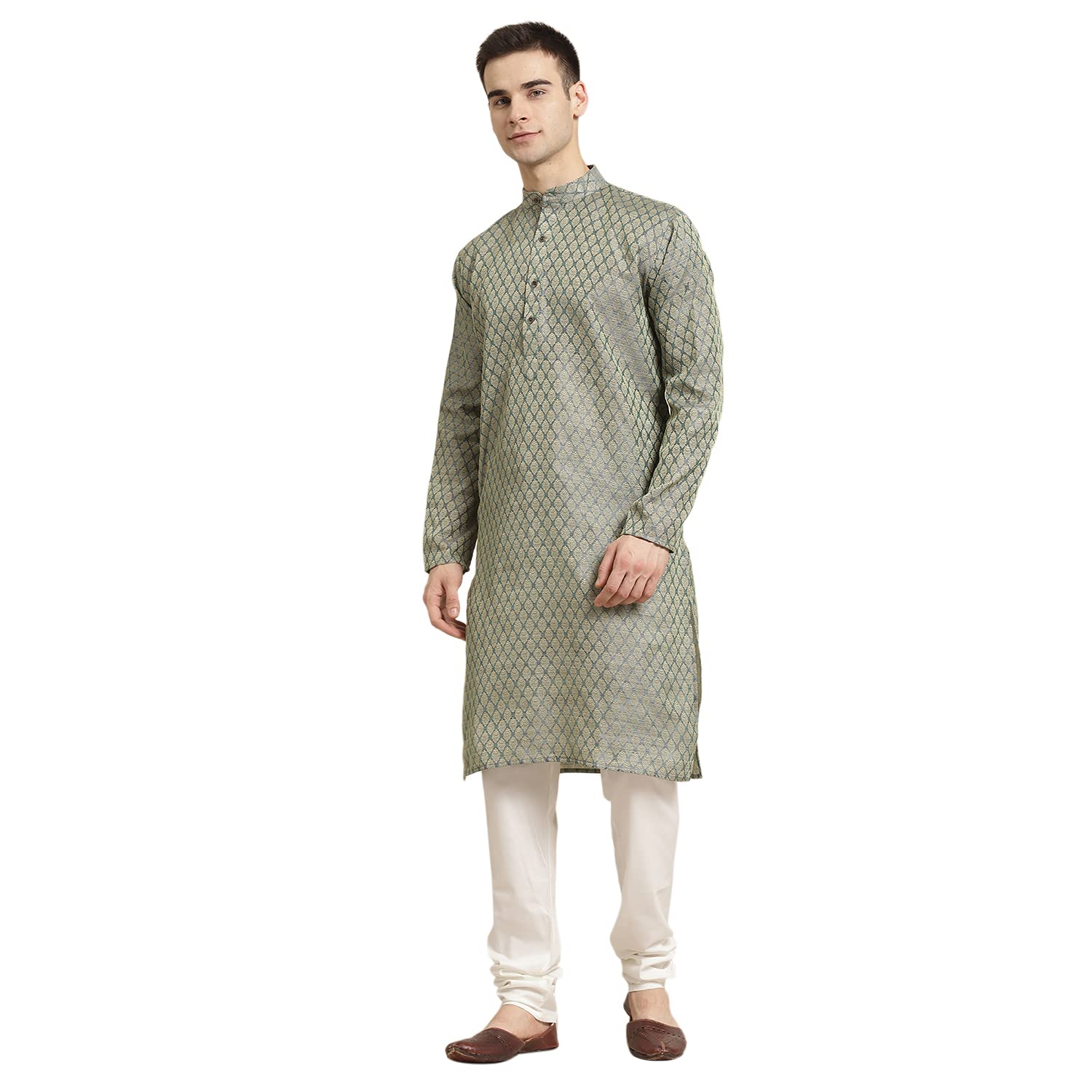 Sojanya (Since 1958 Men's Jacq Silk Teal Green Self Design Kurta & Off-White Churidar Pyjama Set