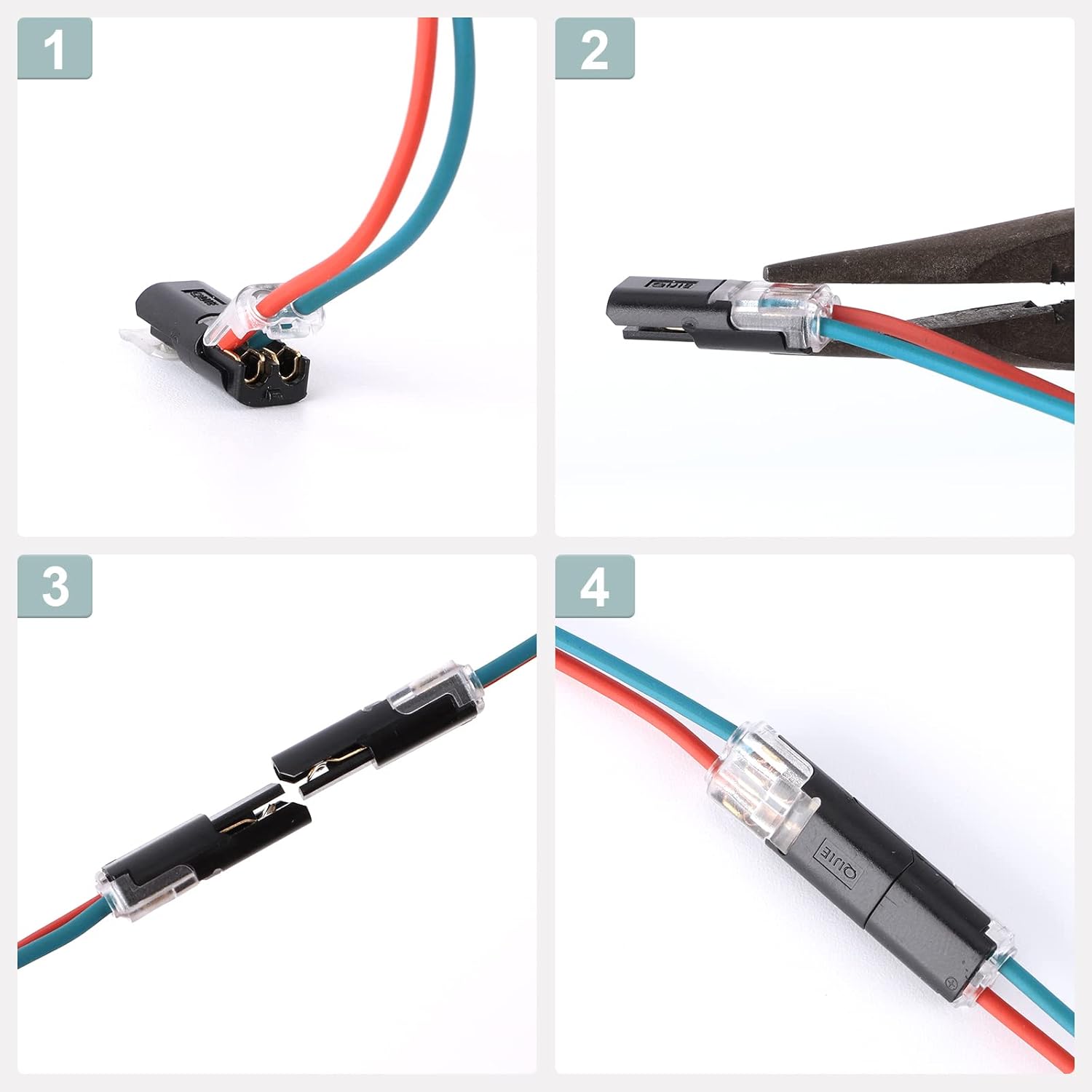 A four-panel image demonstrating the step-by-step installation process of the wire connector: 1. Inserting a stripped wire, 2. Securing the wire with pliers, 3. Connecting two halves of the connector, 4. The final connected wire.