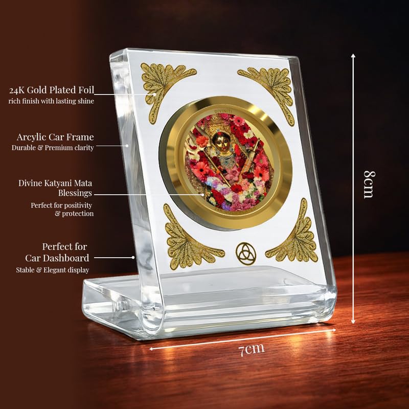 Image of DIVINITI 24K Gold Plated Katyayani MATA Acrylic Frame for Car Dashboard, Home Temple & Office Table | Premium Spiritual Gift, Blessings for Protection & Positivity, 8x7 cm Decorative Showpiece