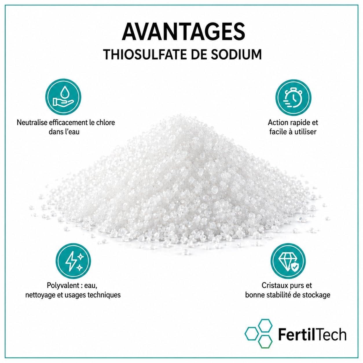Sodium Thiosulfate pentahydraté 1 kg – Produit chimique industriel pour neutralisation du chlore, traitement de l’eau, procédés techniques et usages industriels