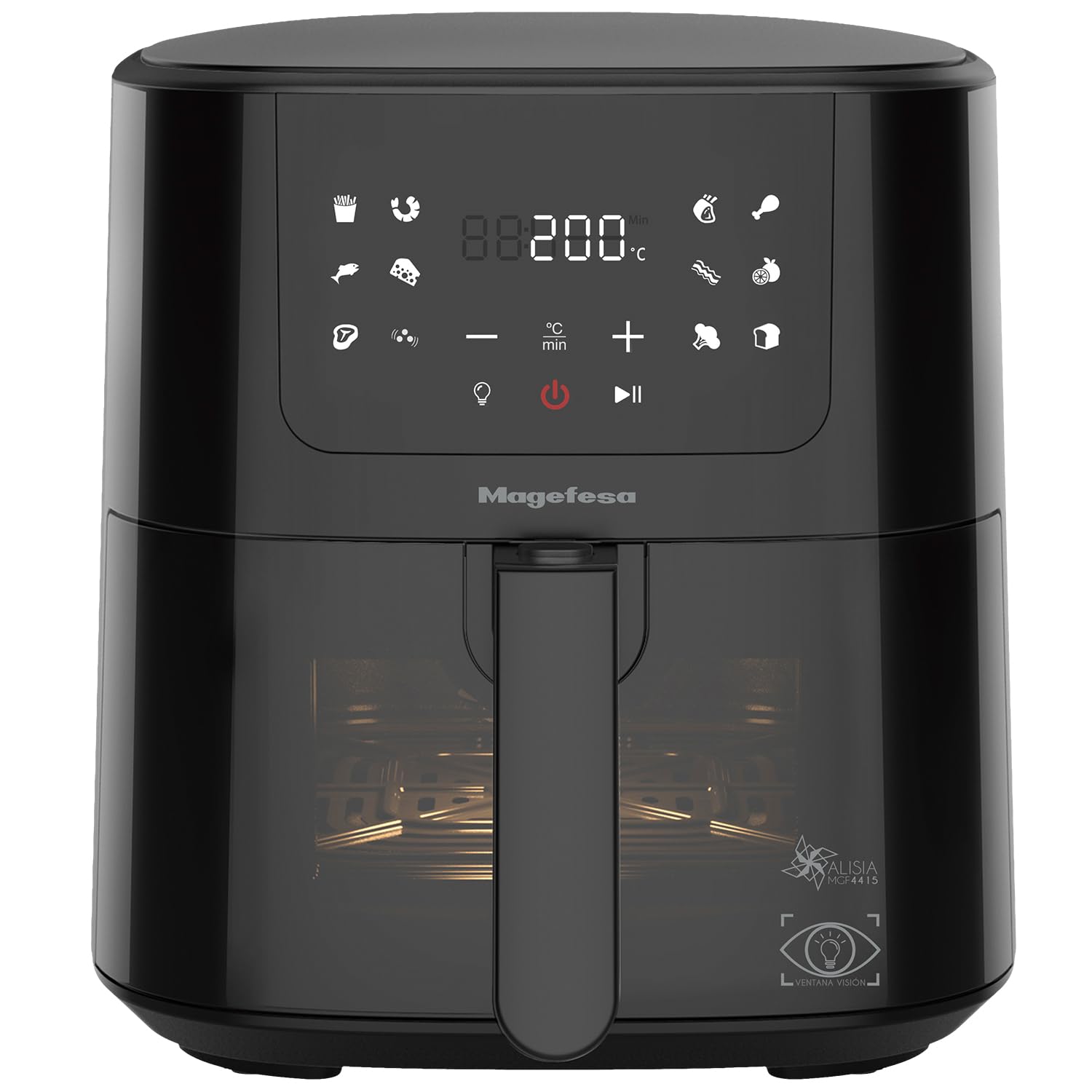 Magefesa Alisia - Freidora de Aire, 1500W, 5 Litros, 11 Funciones, Limpieza Sencilla, Aire Caliente 360º, Apagado Automático, Desmontable, Negra