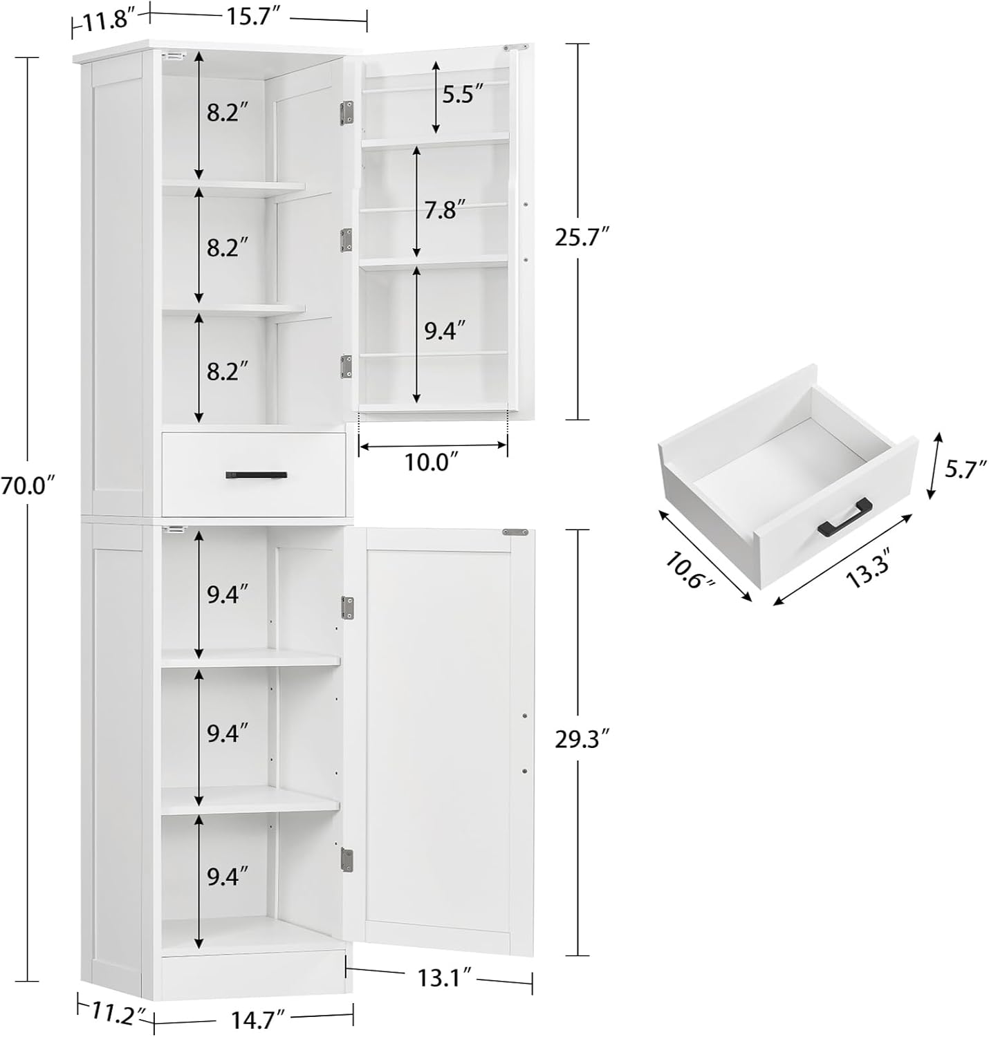 Tall White Storage Cabinet with Shelves and a Drawer