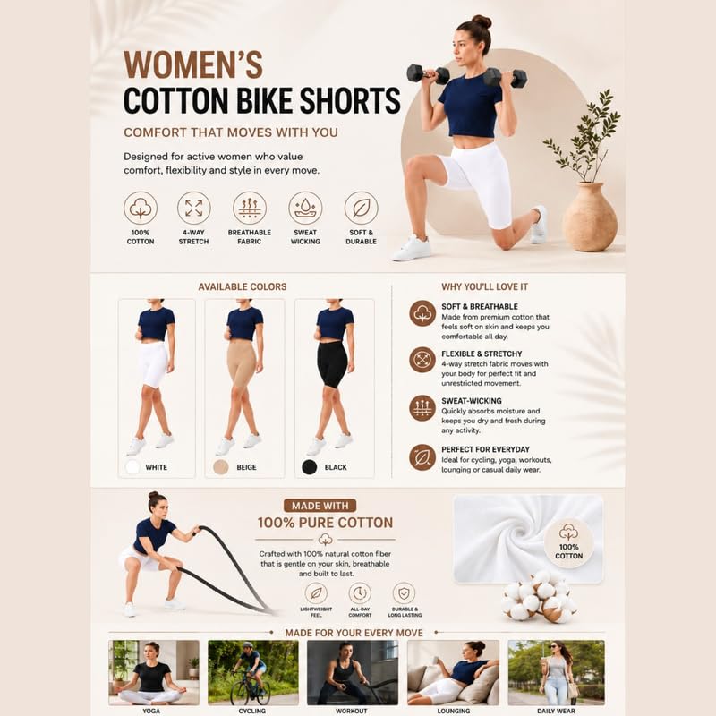 Image of Women's Cotton Lycra Cycling Shorts | 95% Cotton 5% Spandex | Stretchable Knee Length Tights for Gym, Yoga & Sports