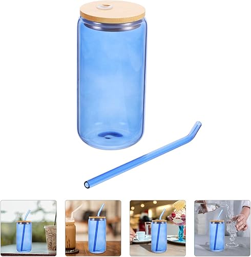 Miniatura 9 de Vasos de vidrio con tapas y pajitas, vaso de vidrio para beber de 16.9 fl oz, tazas de vidrio en forma de lata, vasos de cerveza, tazas de café,