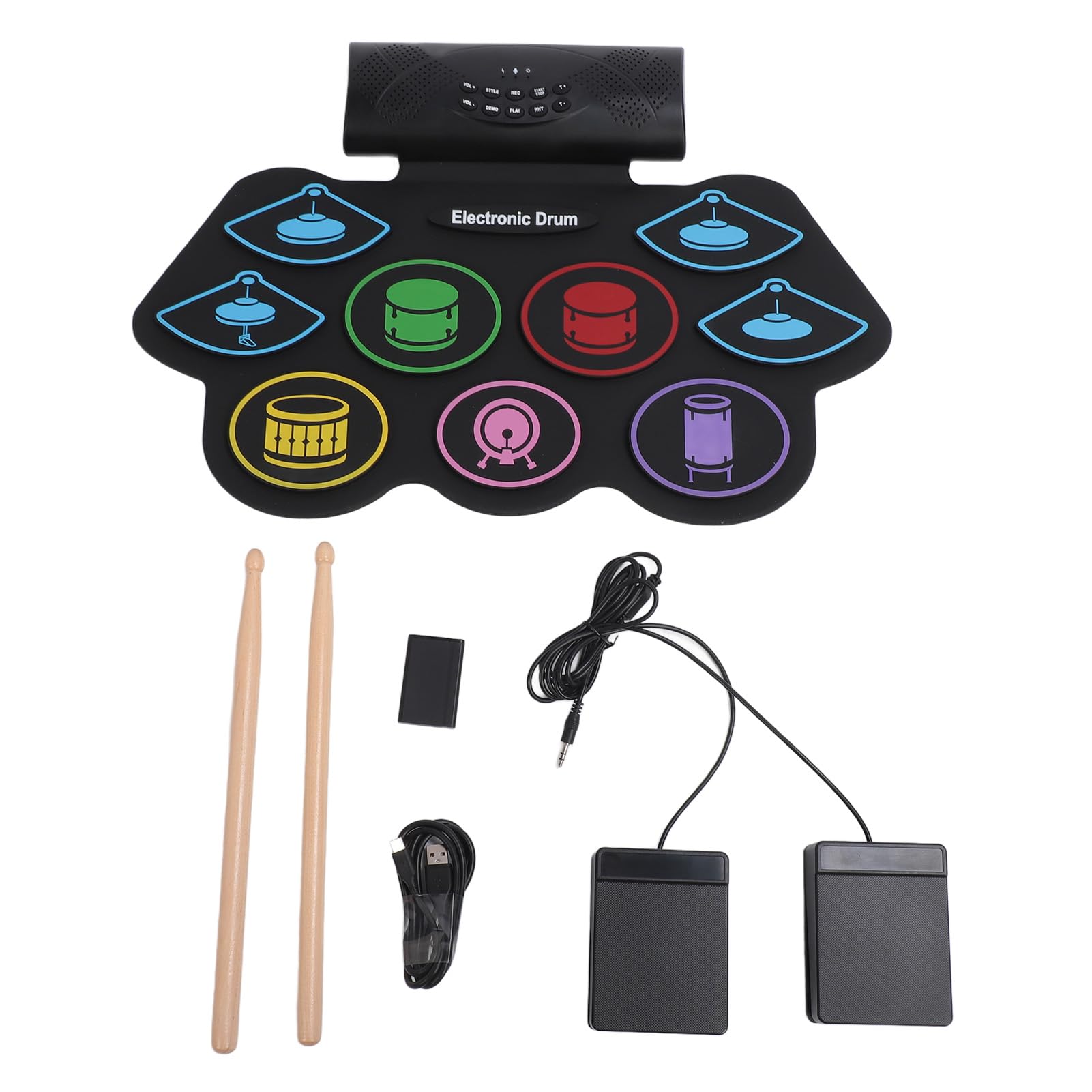 Batería Eléctrica, Portátil Roll Up 9 Pads 2 Pedales BT MIDI Drum Pad, Batería Electrónica con Altavoces Estéreo Incorporados Conector Para Auriculares Recargable Para Principiantes Niños