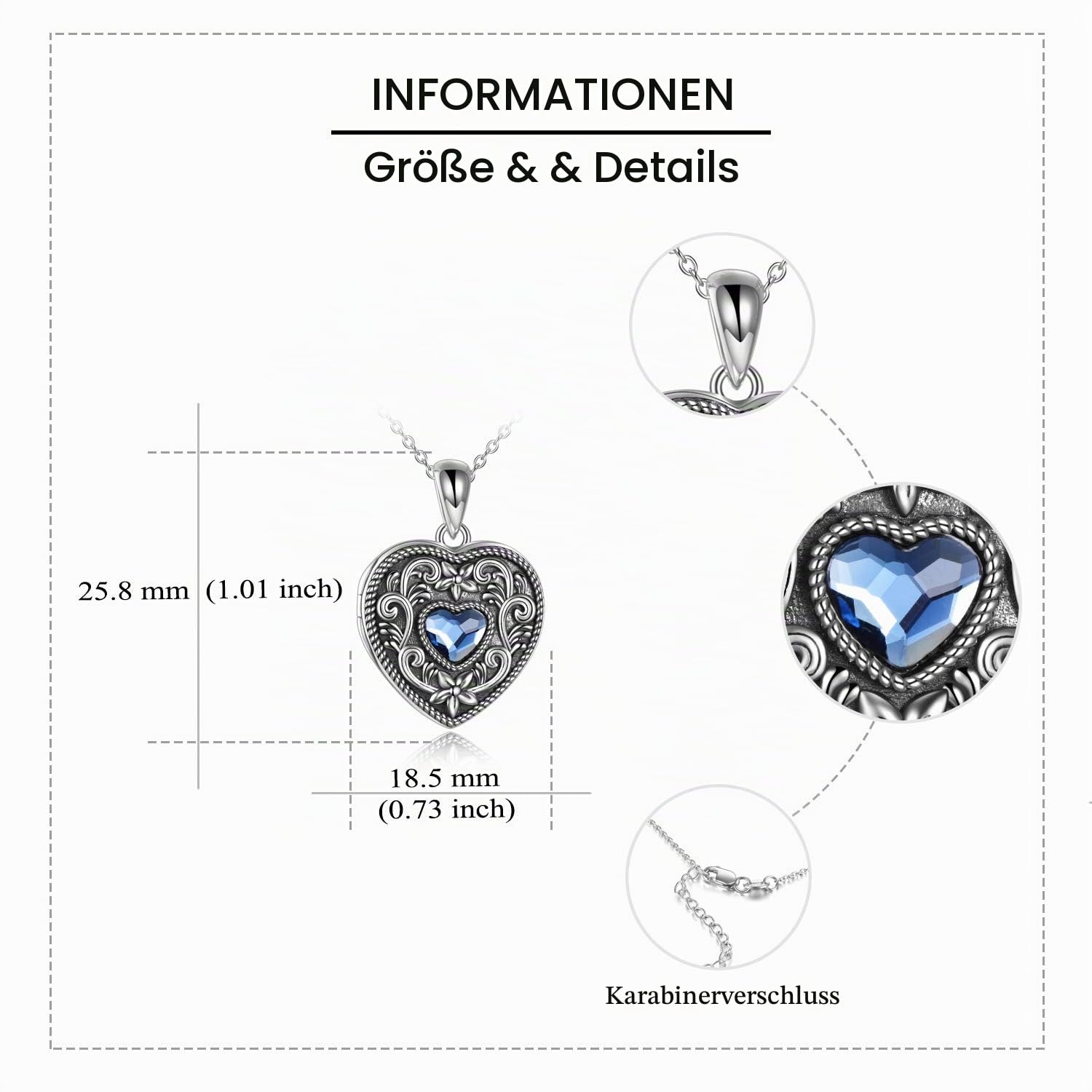 URONE Sterling Silber Herz Foto Medaillon Vintage Anhänger für Frauen Bild Medaillon Schmuck mit Kristall aus Österreich Geschenke für Frauen Mädchen