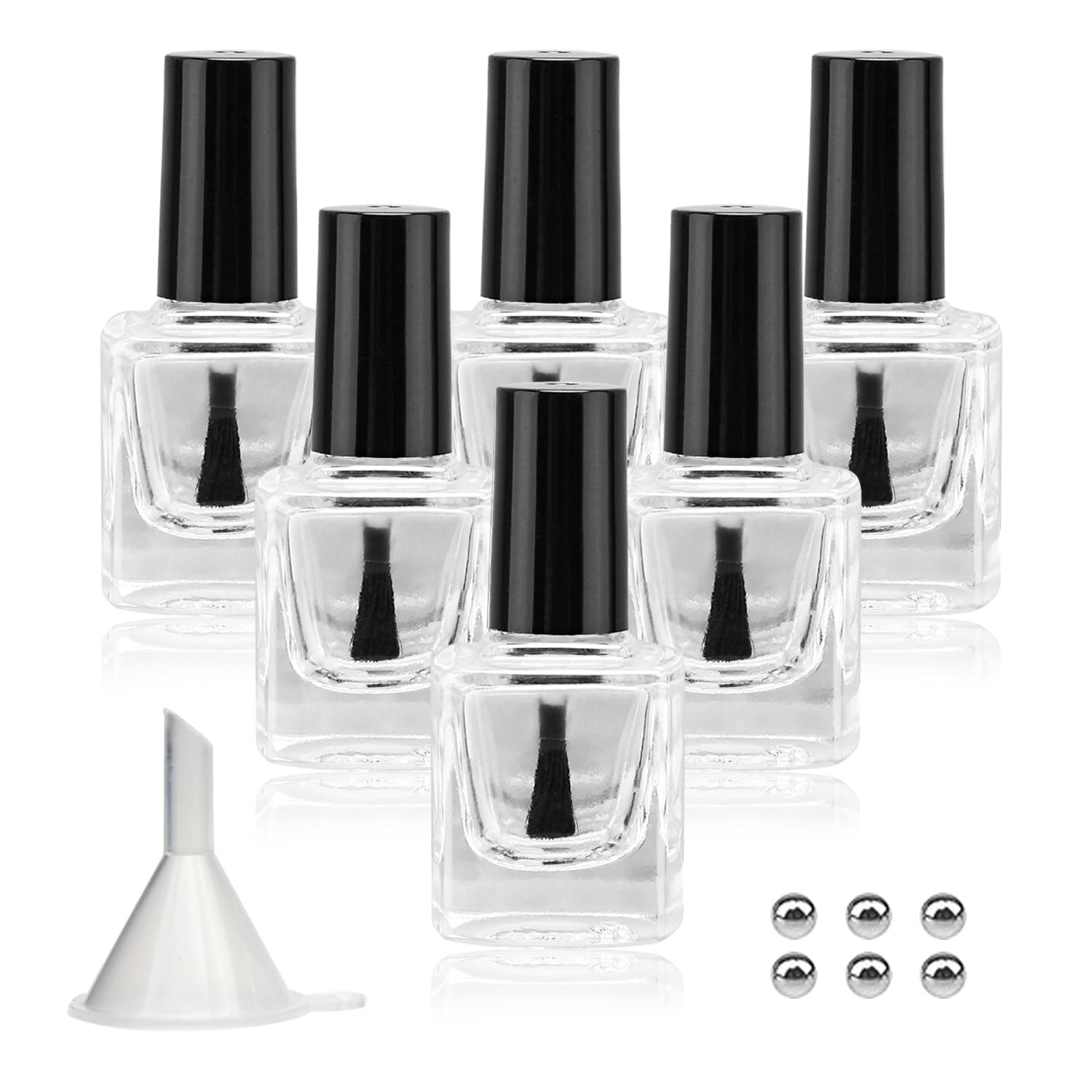 Agidea 6PCS Empty Nail Polish Bottles with Funnel, Empty Fingernail Polish Bottles Glass Rectangle with Brush & Mixing Balls Black (10ML)