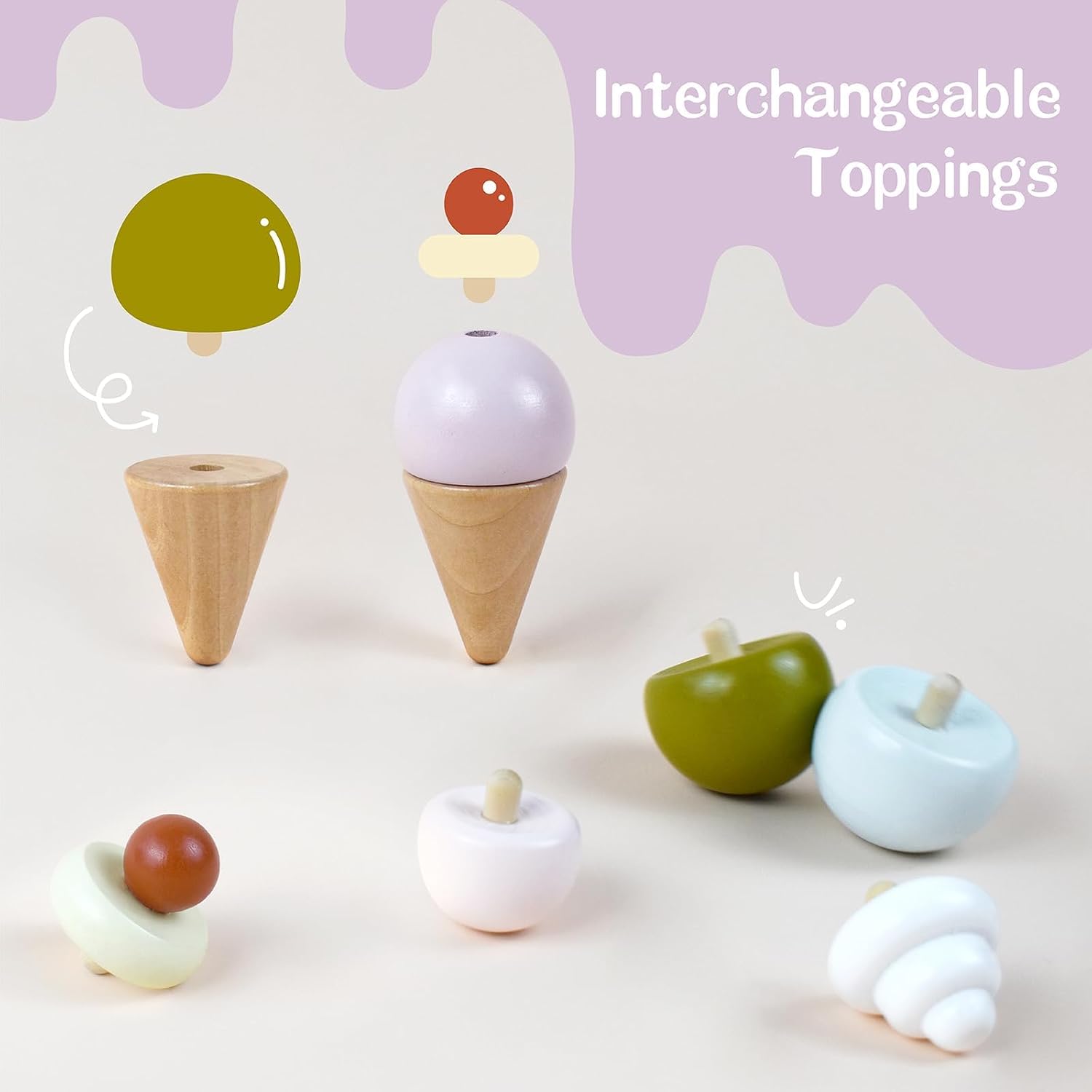 Pillowhale Wooden Ice Cream Play Set for Kids – 24 PCS Pretend Ice Cream Toy Counter with Cones, Popsicles, Toppings, Sauces & Spoons – Wooden Play Food Toys, Role Kitchen Accessories for Toddlers 3-5