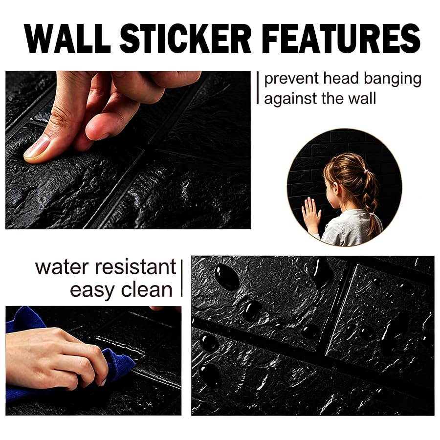 Paneles de pared de espuma 3D autoadhesivos extraíbles, revestimiento de piedra sintética negra 5