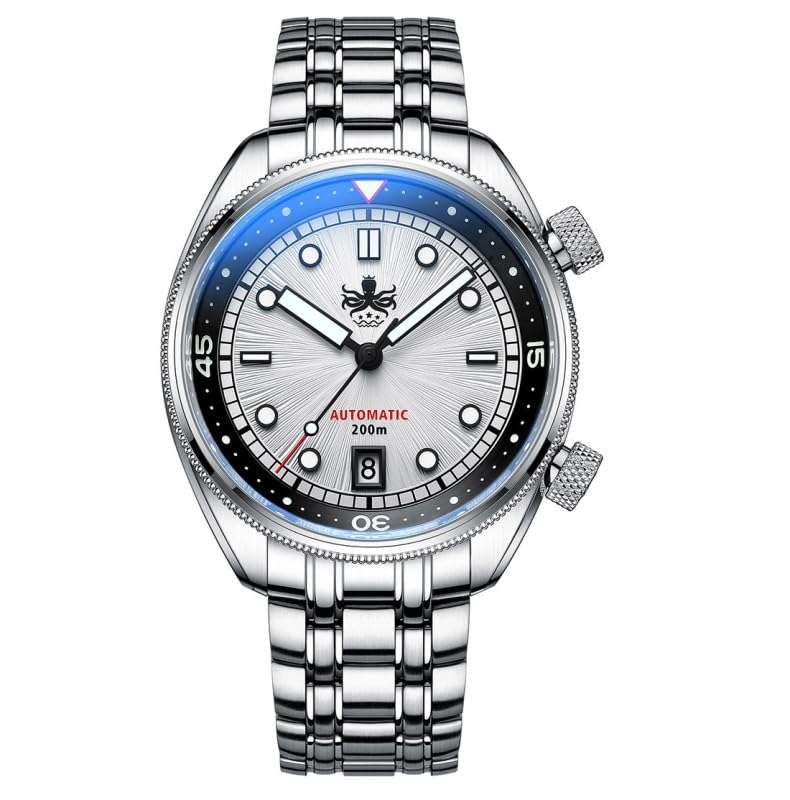 Generico Phoibos EAGLE RAY 200M Acier Automatique Blanc Sunray Date Diver Montre Homme