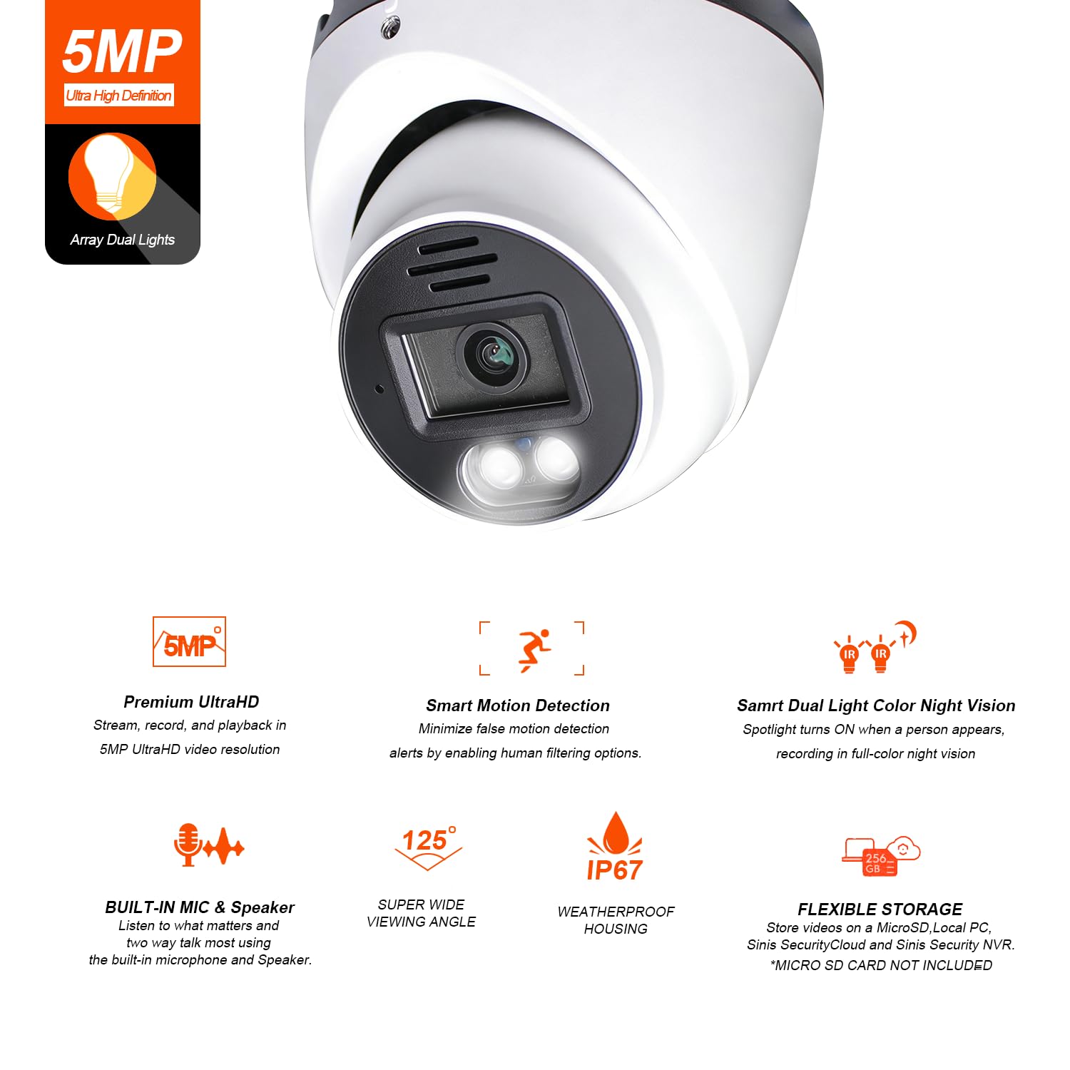 Sinis IP-Sicherheitskamera, Überwachungskamera für den Innen- und Außenbereich, PoE-Turm-Kamera, kabelgebunden, funktioniert nur mit NVR, 30 m Smart IR-Nachtsicht, Menschen- und Bewegungserkennung
