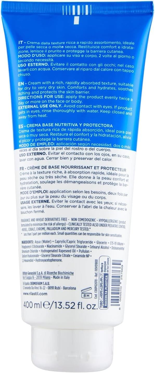Rilastil Crema Base, Crema Idratante per Viso e Corpo, Senza Profumo, per Pelle Secca e Molto Secca, Adatta a Tutta la Famiglia, 400 ml
