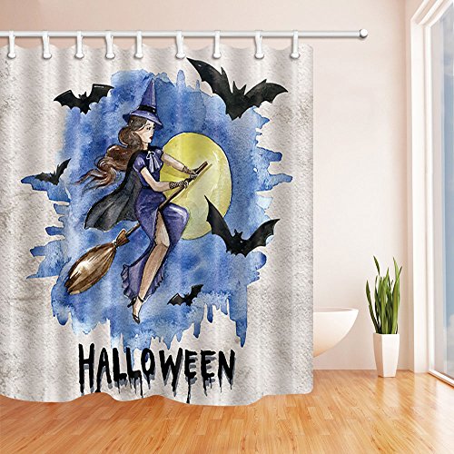 FANSU Duschvorhang Anti-Schimmel Wasserdicht Antibakteriell 3D Halloween, 100prozent Polyester Transparent Karikatur Vorhang für Badzimmer Digitaldruck mit 12 Duschvorhangringe (90x180cm,Hexe)