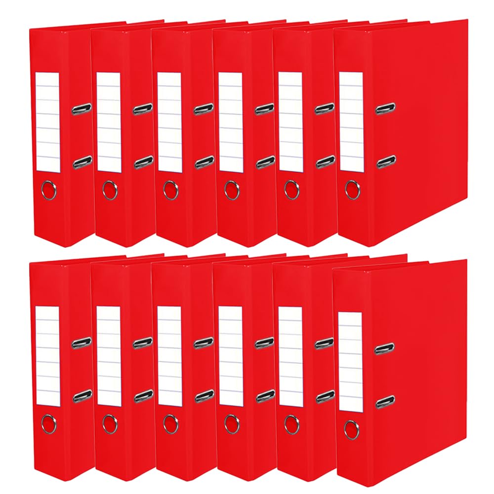 Pack of 12 - A4 Lever Arch File Document Organiser Finger Pull Ring 75mm Spine Stationery File Folders Paper Document Storage File Cardboard Document Holder School Work Office Home (Red)