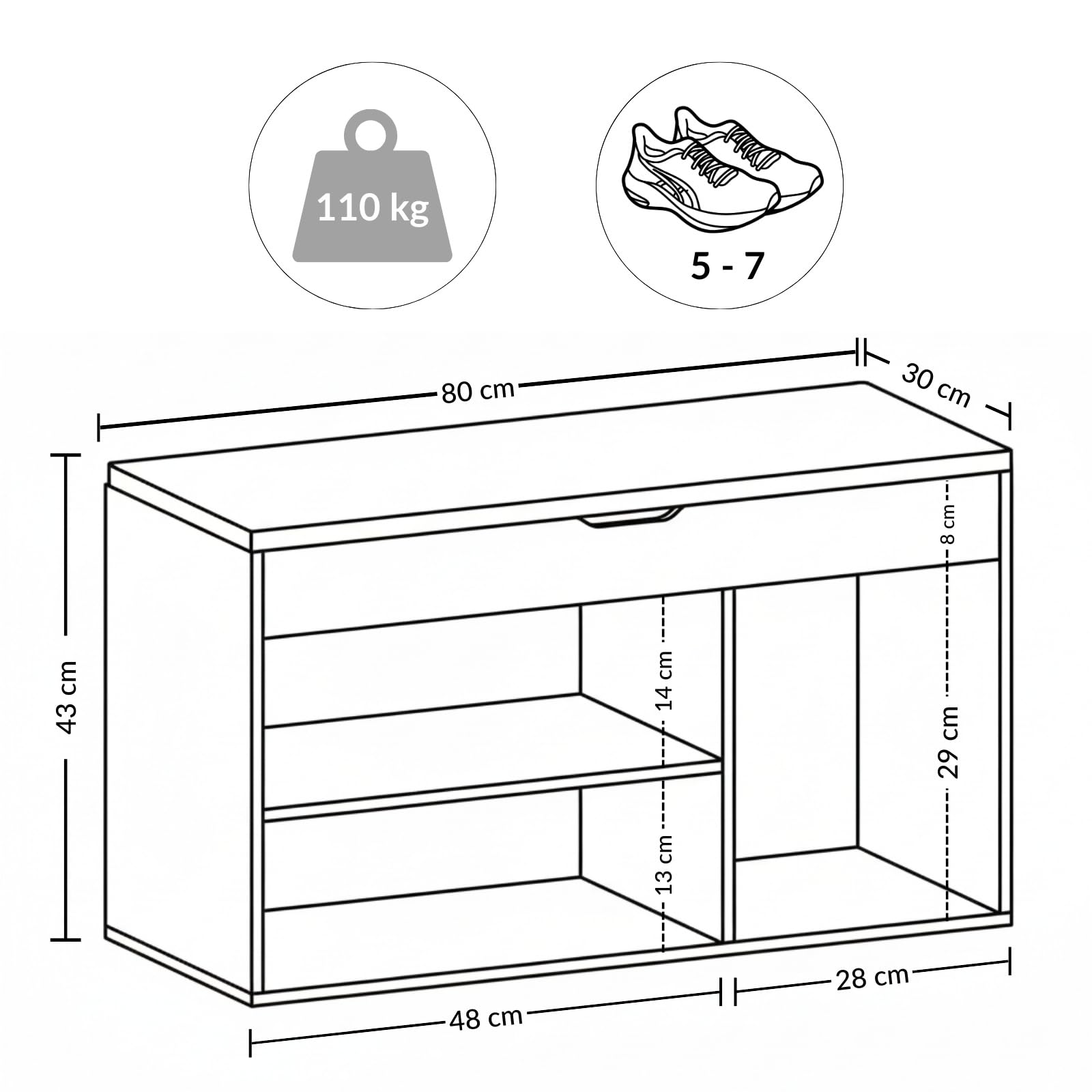 BOXIMO TRIA Schuhschrank mit Sitzbank 80 x 43 x 30 cm Schwarz MDF Polyester