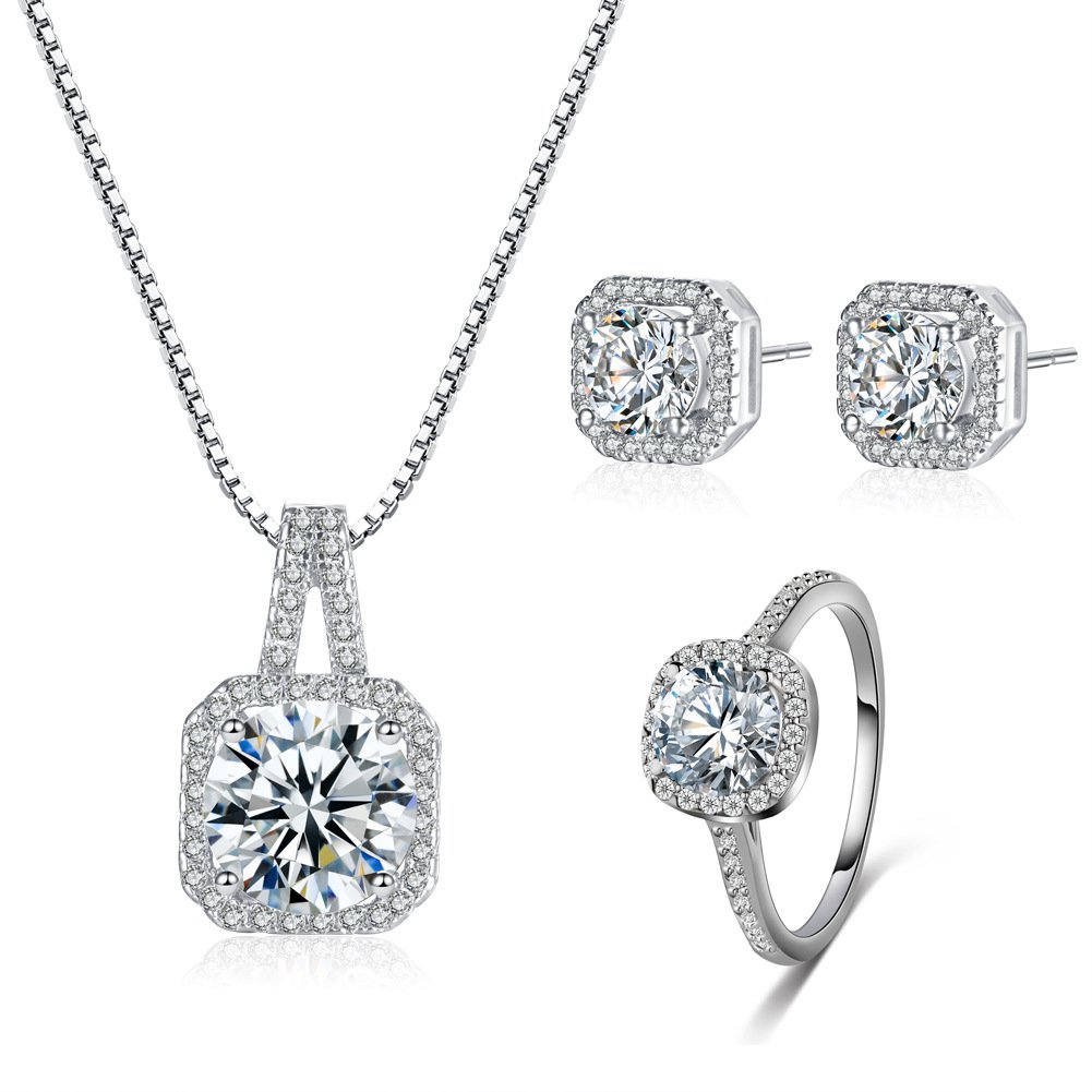 Wiwpar Necklace/Earrings/Ring Engagement Accessories Set for Women Zircon Alloy Wedding Accessories 3 PCS for Women Girls
