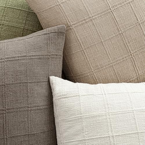 Image of Foindtower Set of 1 Decorative Linen Check Throw Pillow Cover Neutral Farmhouse Vintage Cushion Cover Modern Coastal Boho Home Decor for Sofa Chair Couch Bedroom Living Room,24x24 Inch,Camel