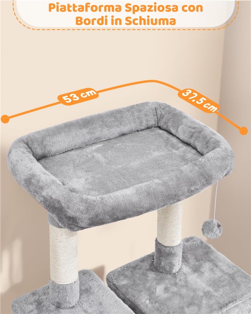 Tiragraffi per Gatti Alto 160 cm Albero per Gatti in Peluche Multilivello con 1 Grotta 2 Trespoli 1 Amaca 1 Pompon Grigio scuro