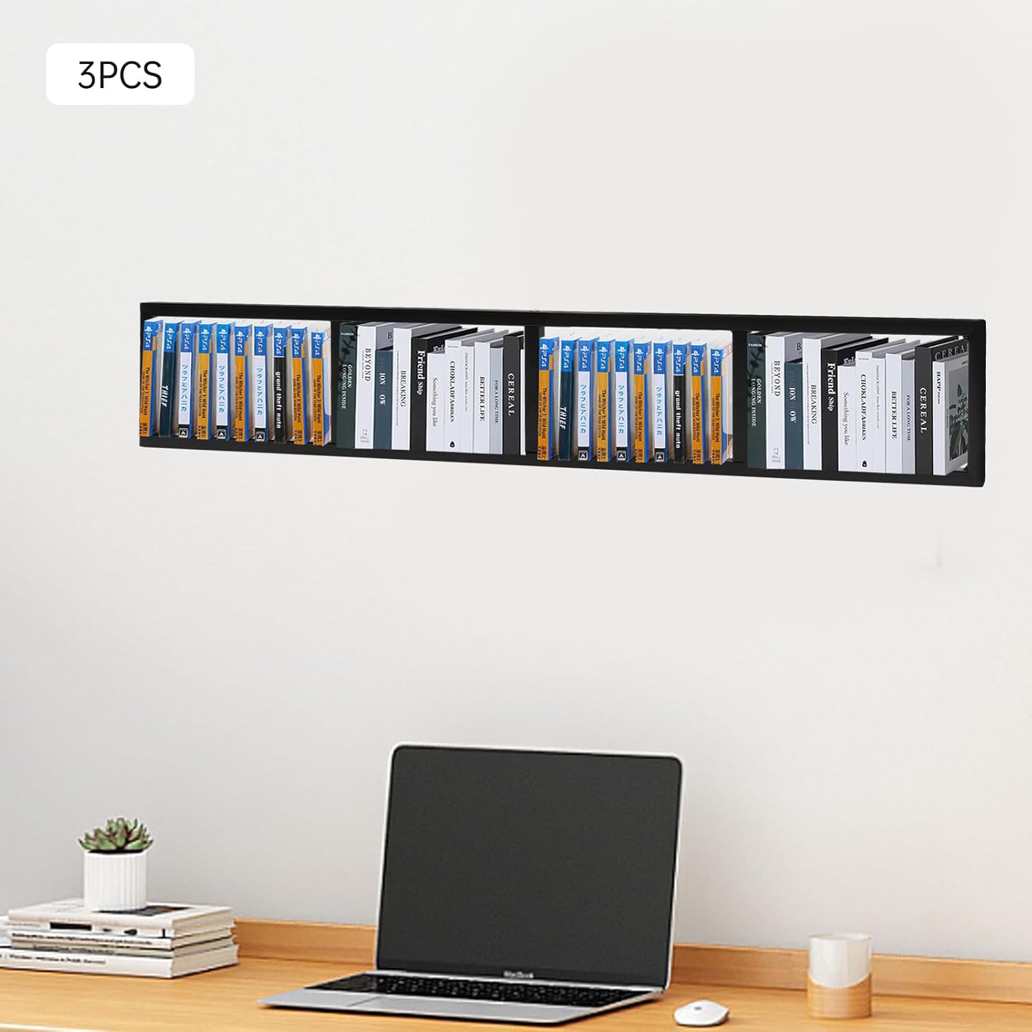 3Pcs Wall Mount 34in Media Storage Rack, Cube Storage Media Shelf & Video Game Organizer, CD DVD Organizer Metal Shelf, 4 Compartments Open Bookshelf, for Study Room Living Room Office, Black