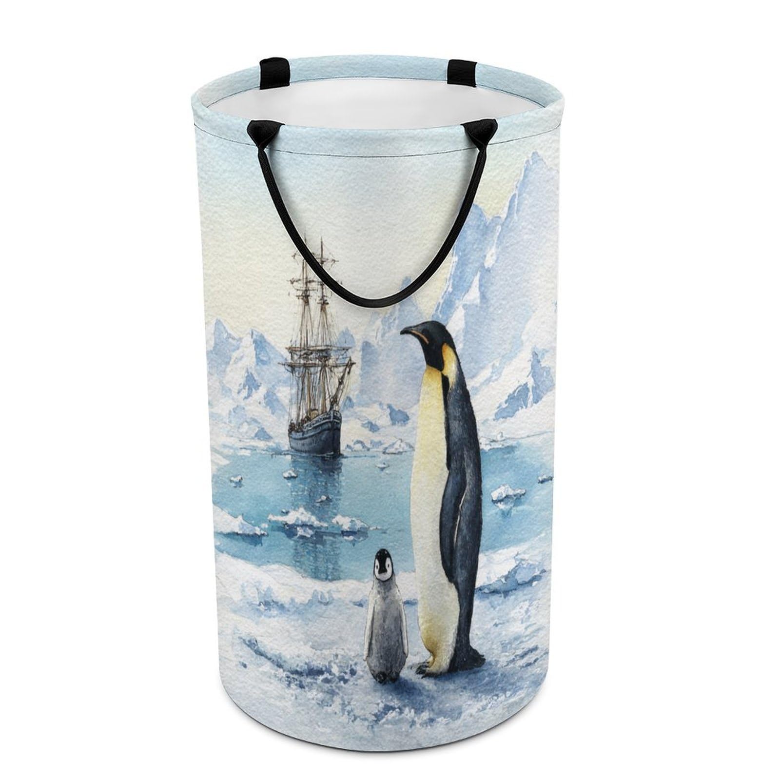 LUYYSKY Classic Retro Cute Penguin Versatile Storage Laundry Basket, Beautiful Funny Antarctic Pirate Ship Animal Penguin Large Capacity Bathroom Hamper With Handle