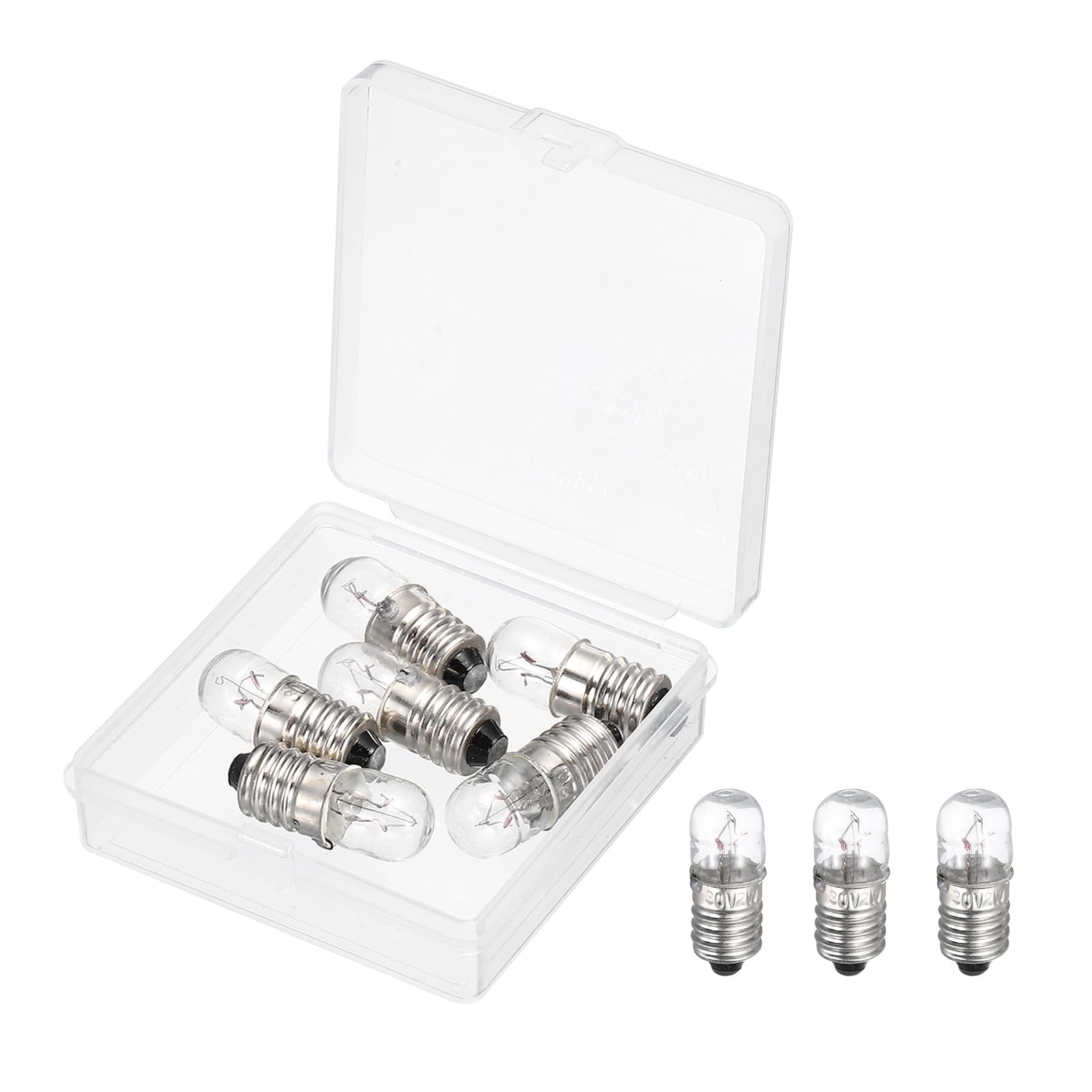sourcing map 6 Pcs E10 Miniature Screw Base Light Bulbs, 30V 0.06A Mini Light Bulbs Flashlight Replacement Lamp 1.8W with Box for Home DIY Circuit Electrical Experiment, Warm Yellow Light