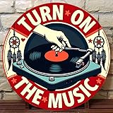 1pc Vintage Turn On The Music Vinyl Record Tin Sign, Retro Style Aluminum Wall Art, Rustic Metal Decor Plaque, 8x8', with No Electricity Needed, Cafe - Multipurpose Wall Hanging