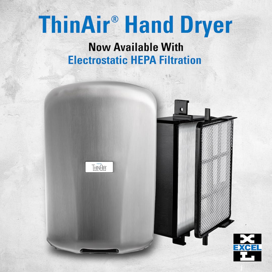 THINAIR Excel Dryer Hand Dryer with Electrostatic HEPA Filtration, American Made, Slim, Brushed Stainless Steel Cover, ADA Compliant, Surface Mounted (110/120 Volts)