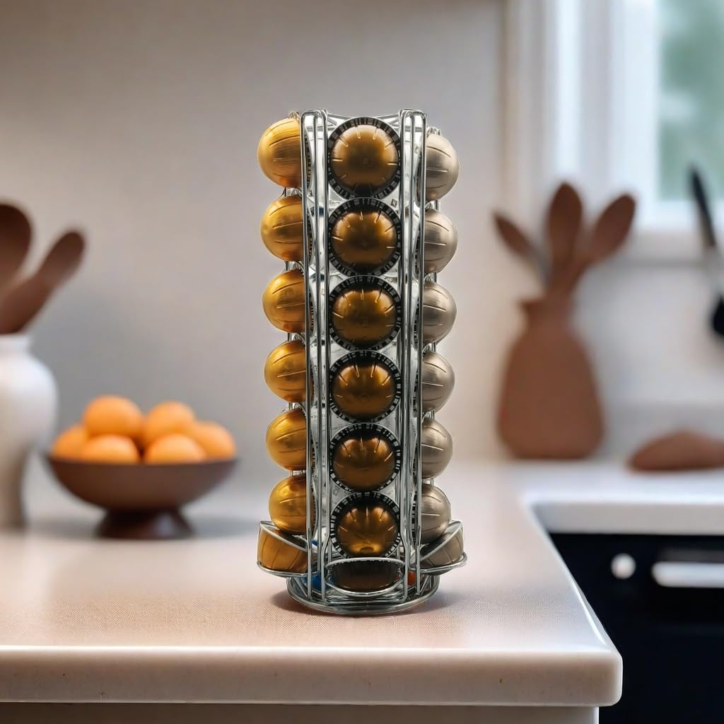 Meelio Coffee Pod Holder for Nespresso Vertuo, 360 Degrees Revolving Carousel, Holds 28 Nespresso Vertuo Pods, Space-Saving Countertop Organizer, Smooth Spin & Secure Slots, Black: Silver 35 Vertuo Pod