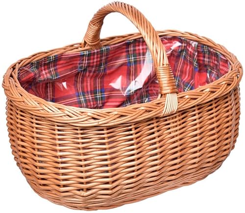 YULKA Einkaufskorb Weide Henkelkorb 51cm handgefertigt mit Schottenkaro-Futter