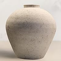 Handmade 9-Inch Large Round Ceramic Vase - Rustic Farmhouse Centerpiece, Distressed White Stone Look for Earthy Home Decor