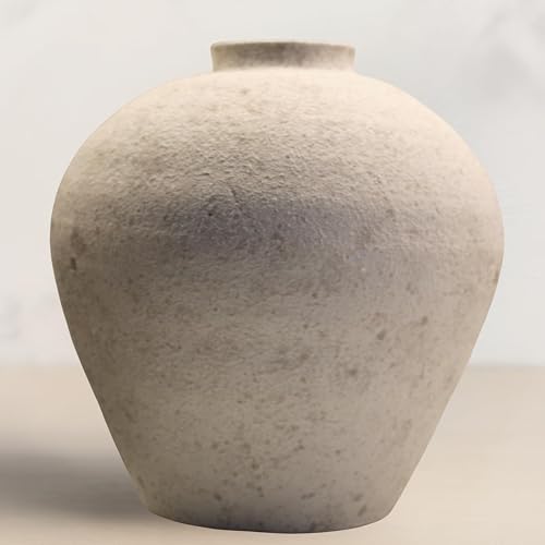 Handemade Large Round Vase for Centerpieces, White Farmhouse Rustic Vase | Distressed Textured For Home Decorations, Earthy Room Decor Aesthetic, Stone Look Ceramic Clay Pottery, 9 inch