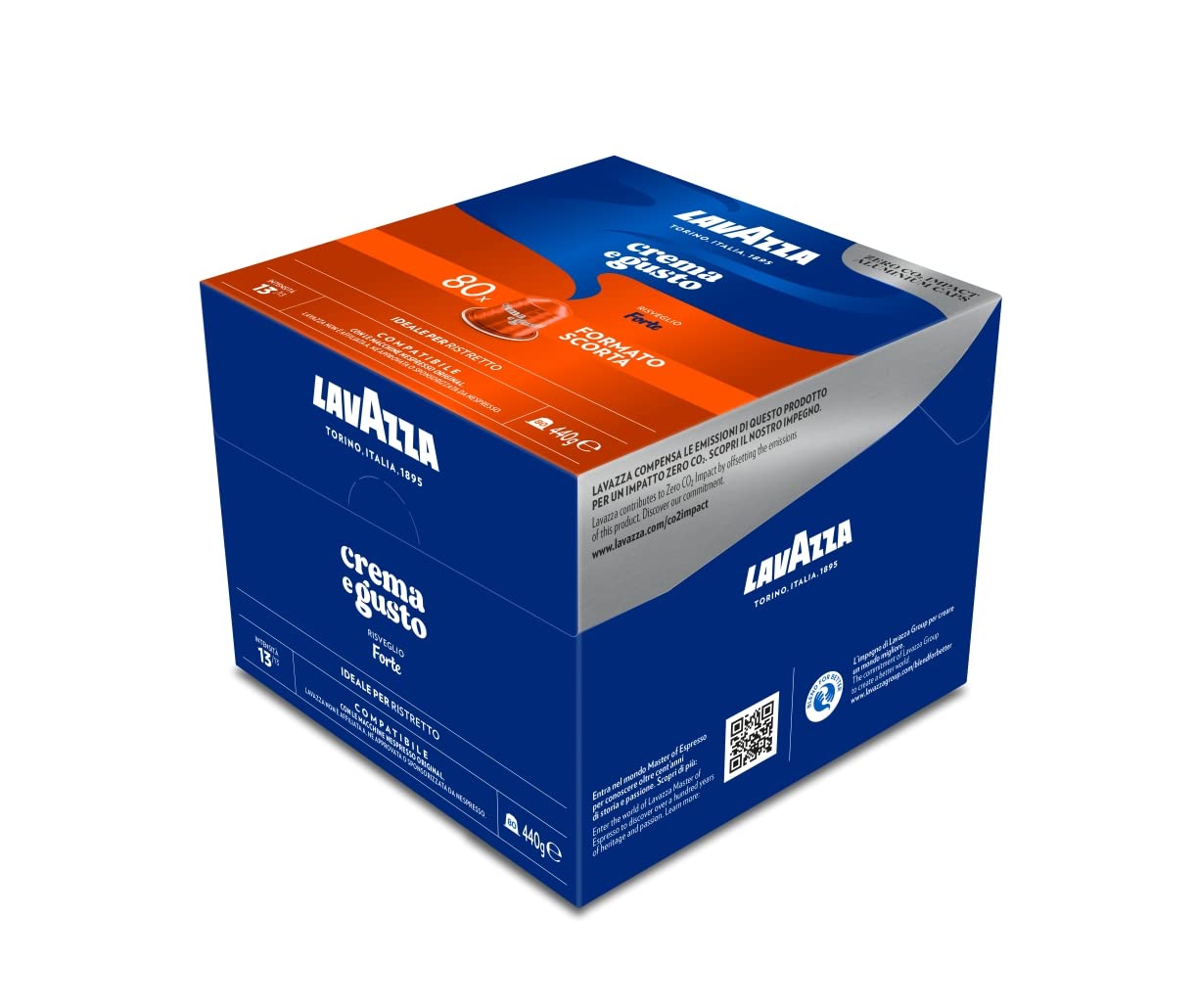 Lavazza Crema e Gusto Forte, 80 cápsulas de aluminio compatibles con máquinas originales Nespresso*, con notas de cacao y madera, arábica y robusta, intensidad 13/13, tostado oscuro