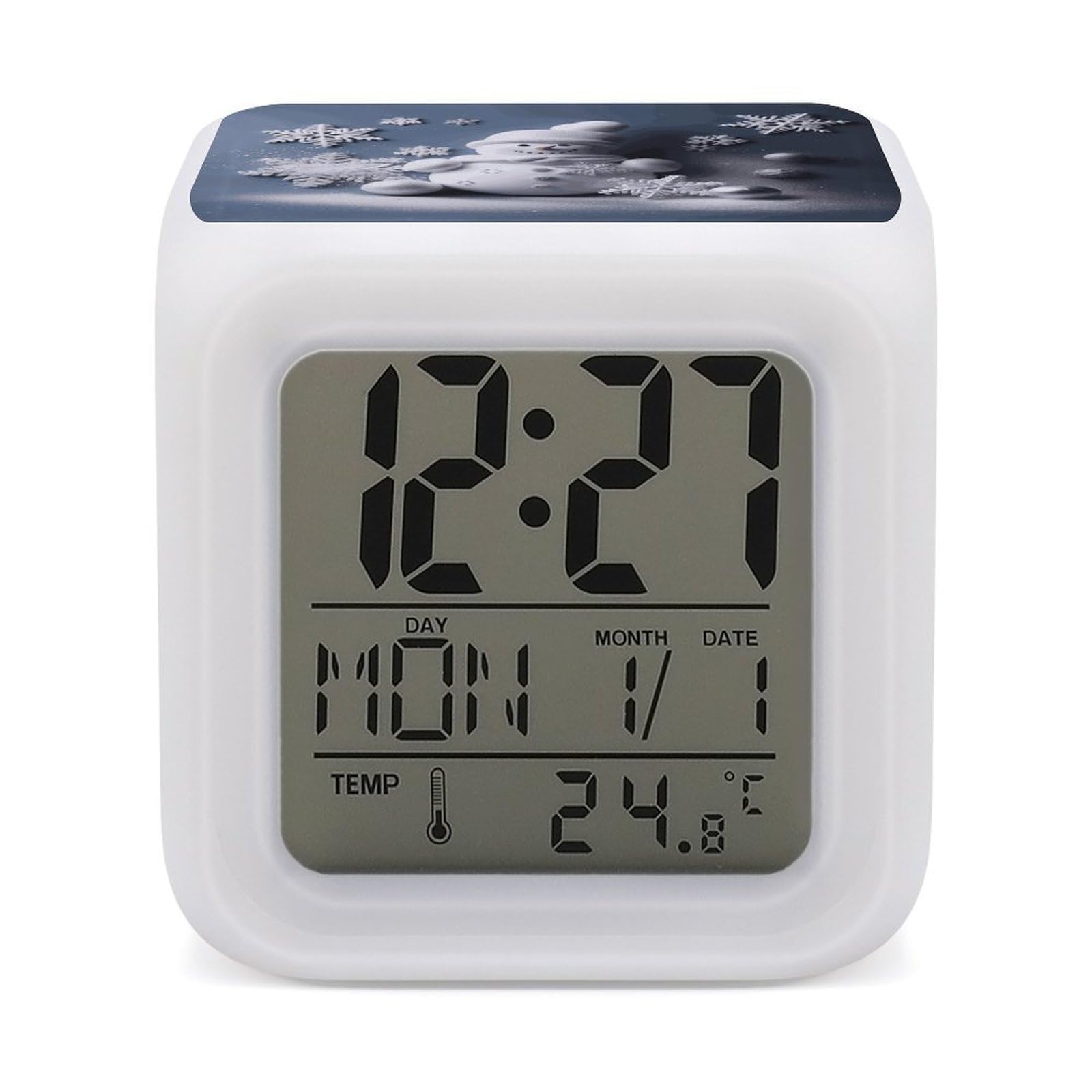 Reloj despertador digital LED infantil con diseño navideño de muñeco de nieve para mesita de noche