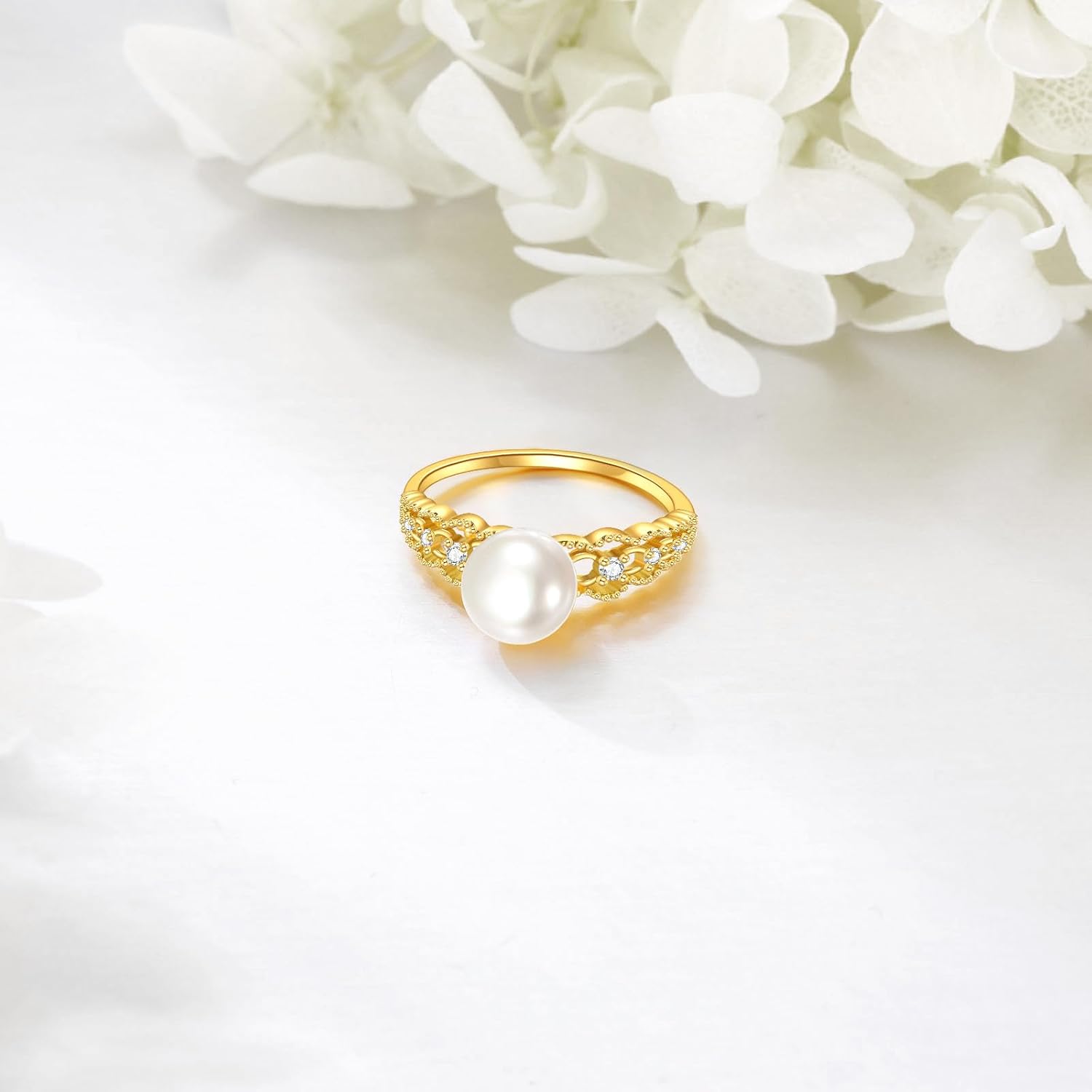 DOVRAN 14K Gold Pearl Ring for Women Real Yellow Gold Filigree Engagement Ring Trendy Jewelry Birthday Mother's Day Gifts for Wife Mom