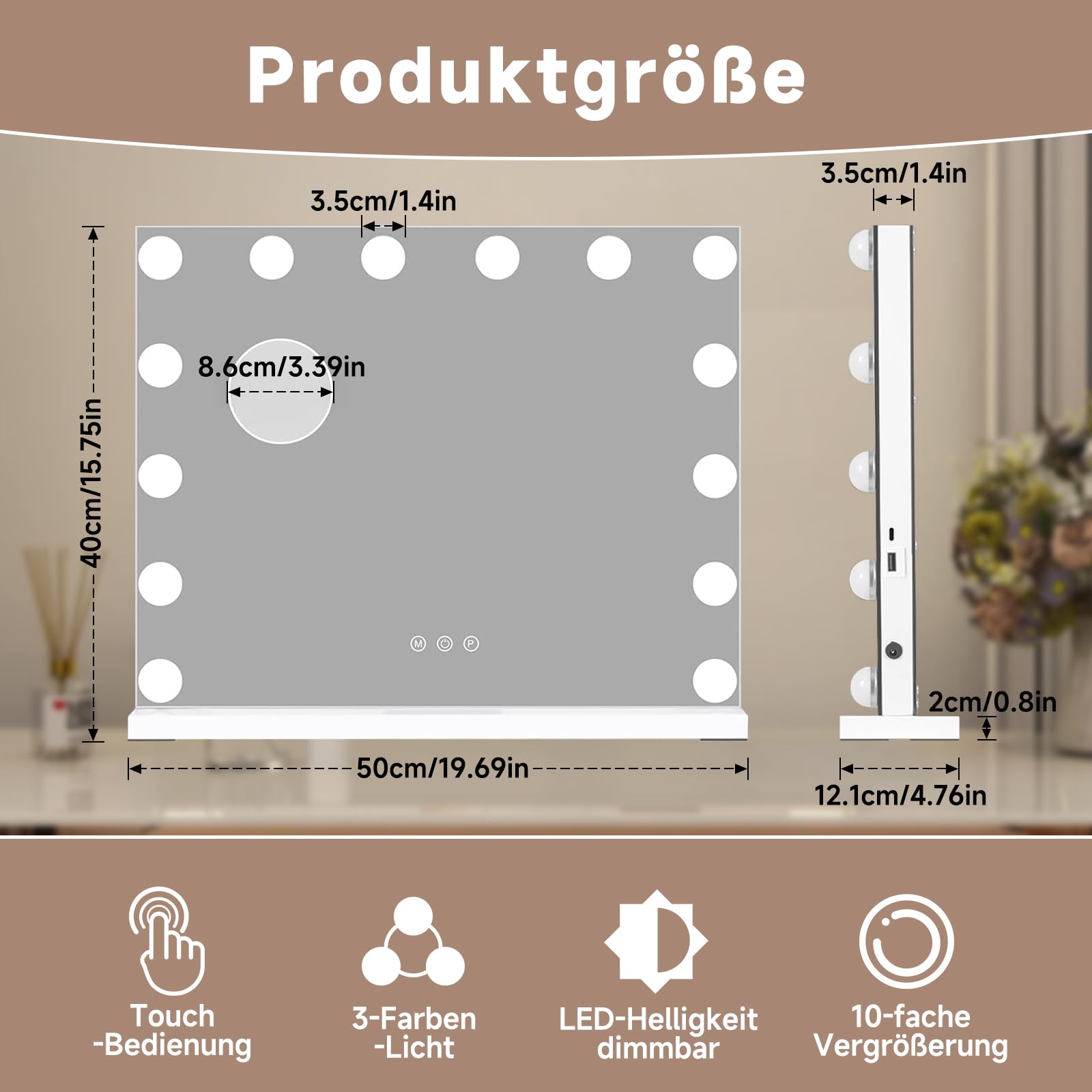 Hollywood - Specchio da trucco con illuminazione, 50 x 42 cm, 14 luci a LED, dimmerabile, 3 temperature di colore, con controllo touch, ingrandimento USB 12X, per camera da letto