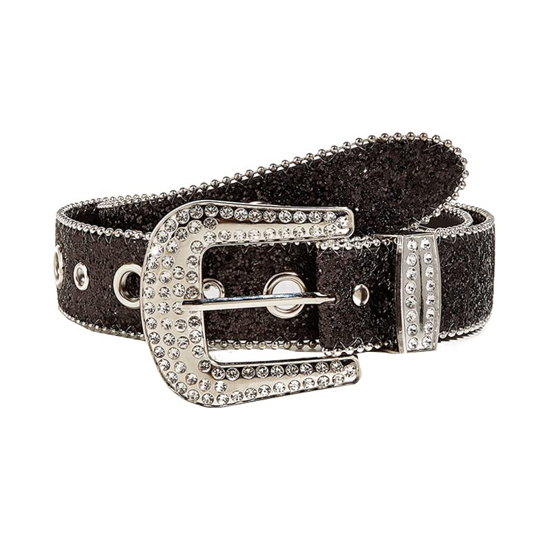 Women's Rhinestone Belt, Vintage Engraved Denim Belt Sliver Statement Sequined Jeans Belt