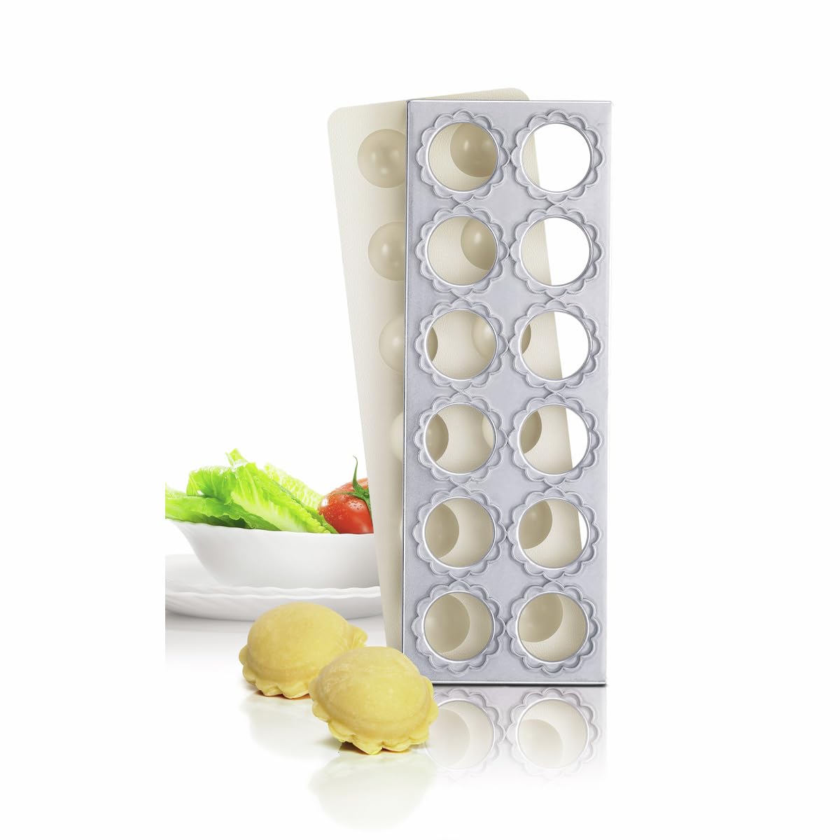 Pasta Party N7894 - Piastra e pressa con 12 stampi per ravioli di forma rotonda