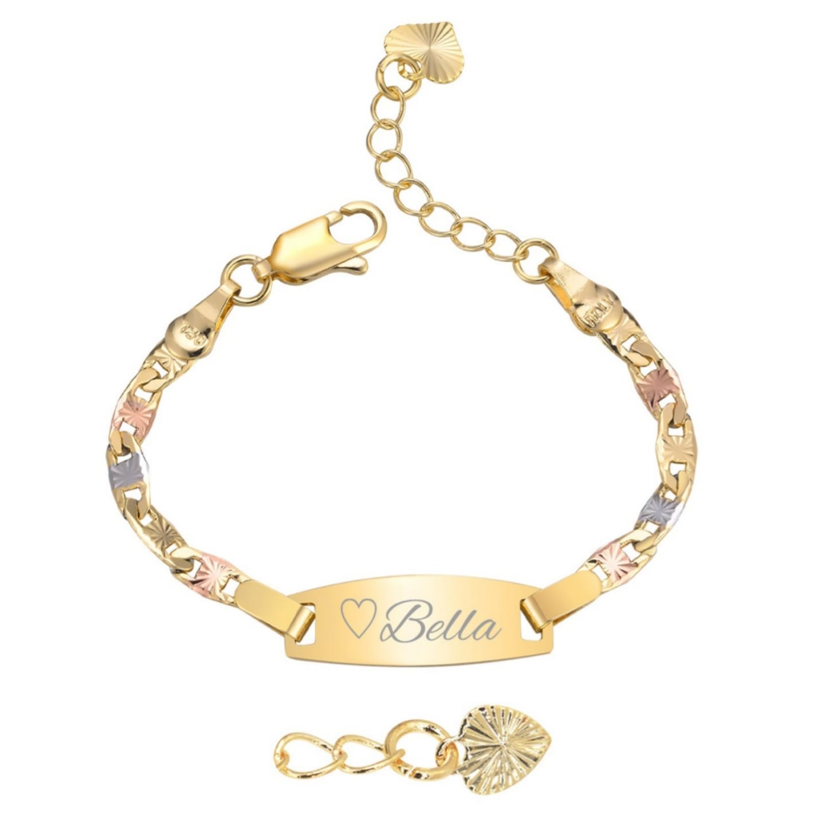 Personalized Baby ID Bracelet - 18K Gold Plated Tri-Color Chain Custom Name ID Plate Bar Bracelet for Children Toddler from Mom,Engraved Kid Name