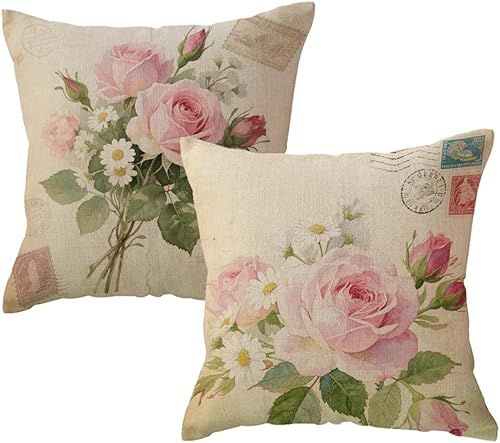 ULOVE LOVE YOURSELF Paquete de 2 fundas de almohada retro con diseño de flores y peonías decorativas para el hogar, fundas de cojín cuadradas