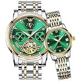 OLEVS Couple Automatic Watches for Men and Women His and Hers Watch Set Gifts Mechanical Self-Winding Tourbillon Big Face Dress Wrist Watch with Day Date Calendar Green