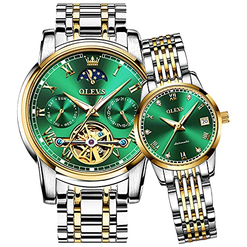 OLEVS Couple Automatic Watches for Men and Women His and Hers Watch Set Gifts Mechanical Self-Winding Tourbillon Big Face Dress Wrist Watch with Day Date Calendar Green