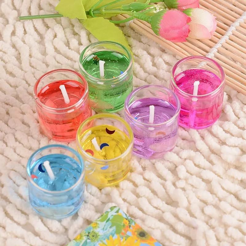 BOTIST Smokeless Decorated Mini Cute Little Glass Jelly Gel Small Candles for Home Decor Diwali Decoration (Multicolor,Pack of 6)