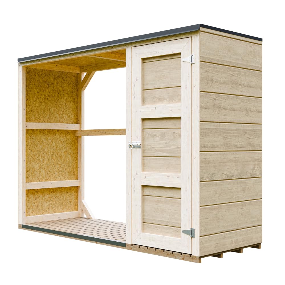 Legnaia da esterno - 75 x 217 x H159 cm - Legnaia moderna con deposito laterale per attrezzi 1,09 m² + 0.53 m² - Casetta per attrezzi e legna - TIMBELA M981